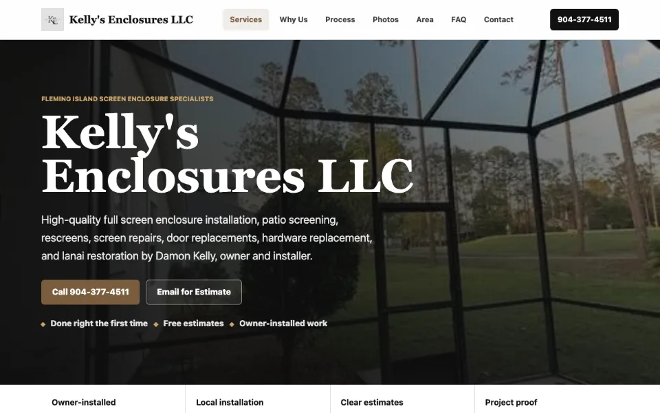 Homepage design for Kelly's Enclosures, a screen enclosure company