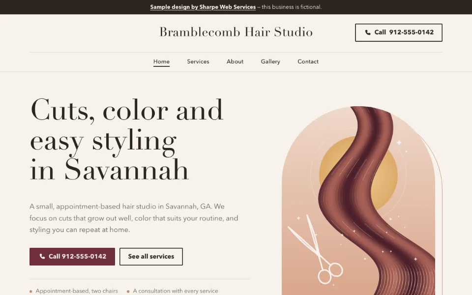 Homepage of Bramblecomb Hair Studio, a sample salon website designed by Sharpe Web Services