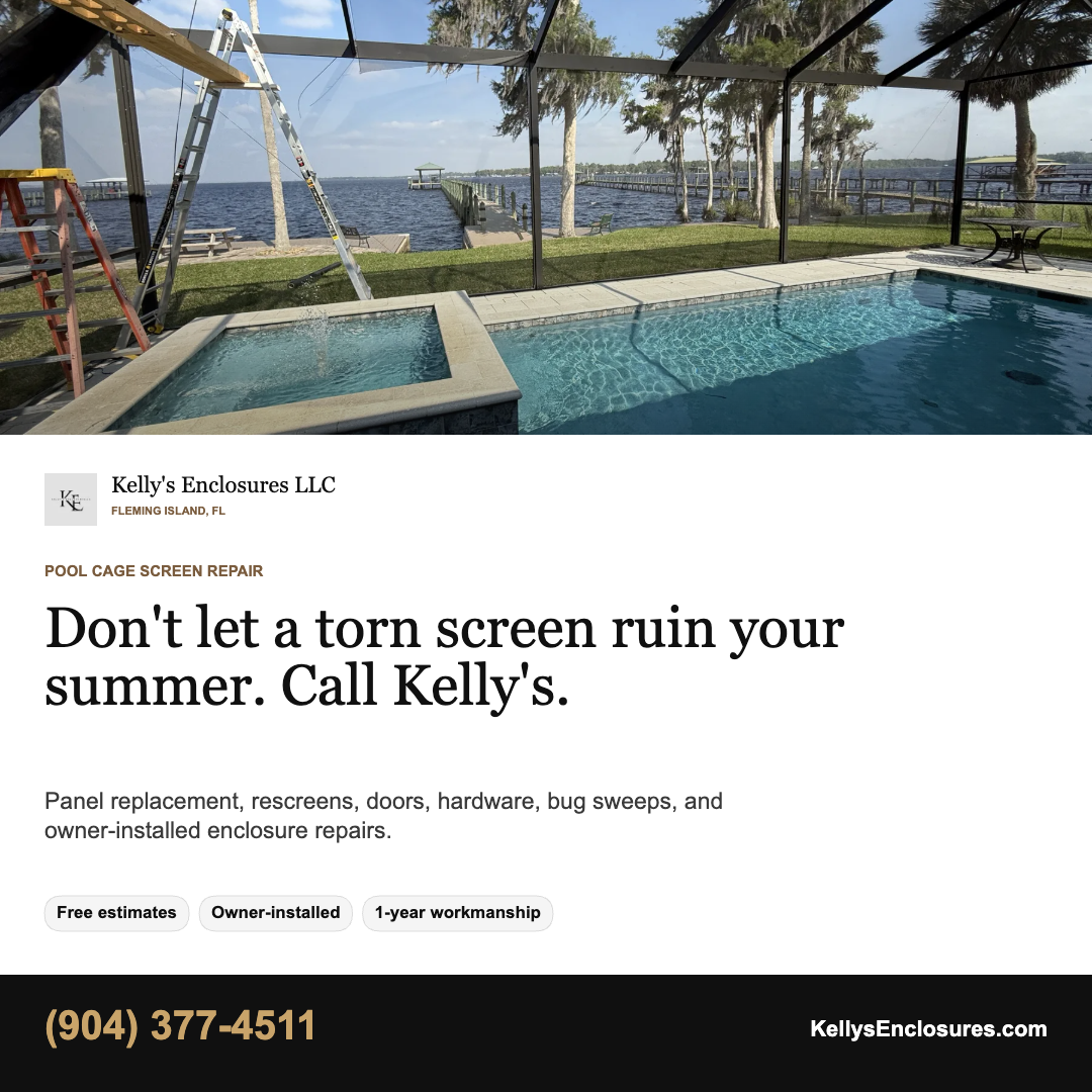 Kelly's Enclosures square pool cage screen repair promotional graphic